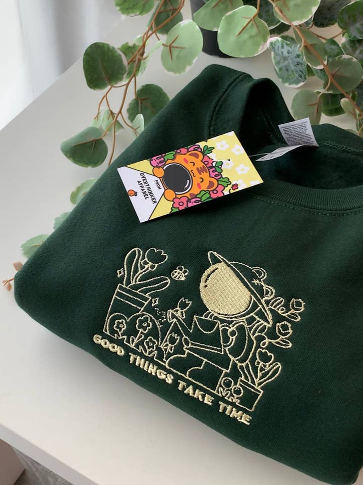 FOREST GREEN Good Things Take Time – Plant Lover Embroidered Sweatshirt for wholesale on Faire2
