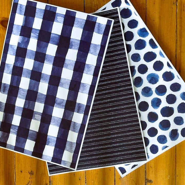 Paper Placemat Pads/Blue Dots, Dotted Lines, Navy/White Trio for wholesale by Ox Bow Decor