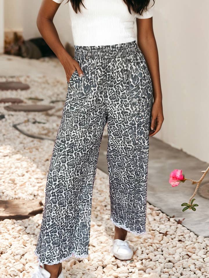 LDC Leopard Print Raw Hem Elastic Waist Loose Pull On Jeans for wholesale by Little Daisy Closet