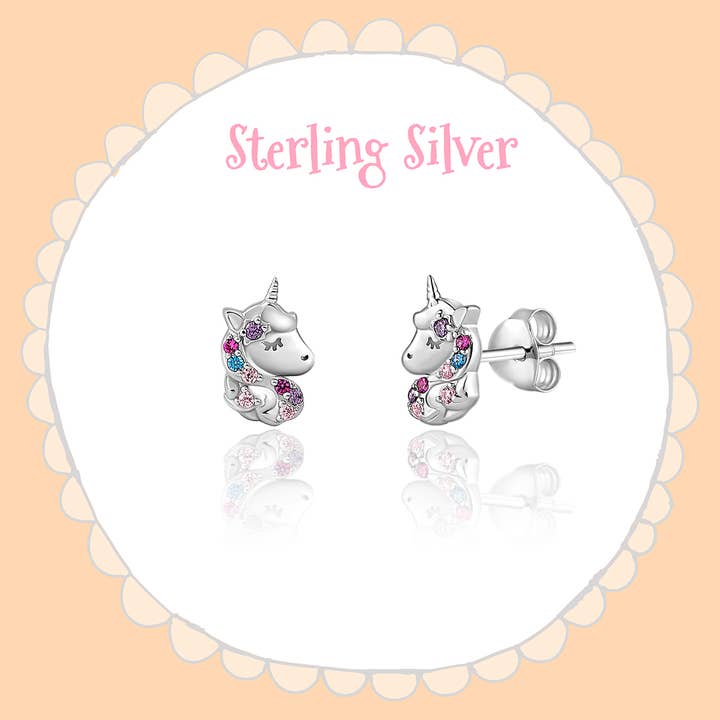 Girl Nation - Wholesale Earrings - Kids - 925 Sterling Silver Unicorn Earrings with Multi-Colored CZ
