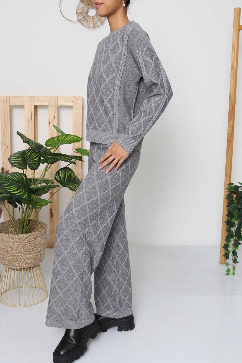 DIX-ONZE – wholesale Top & pants set (NOT Loungewear) – Women's – Diamond Knit Set – Crew Neck Sweater & Wide-Leg Pants2