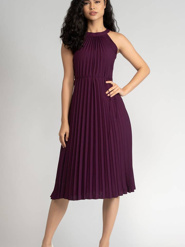Women's Elegant Belted Pleated Sleeveess Short Dress Purple Color for wholesale by STYLE INSTANT