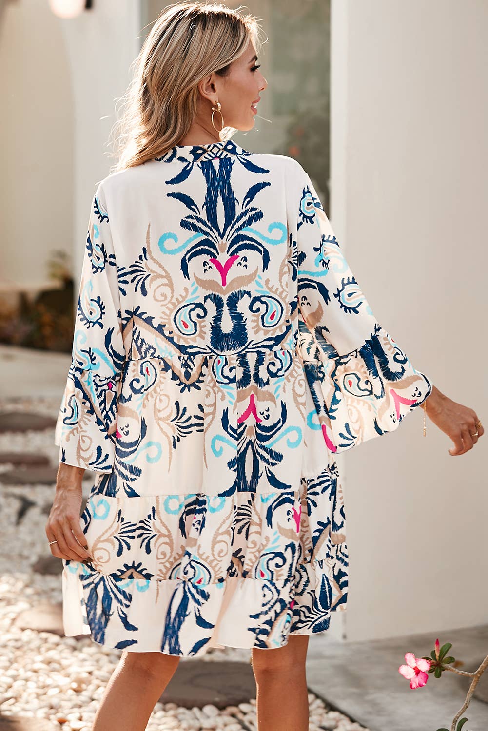 AS SHOWN LDC Tribal Print Bracelet Sleeve Buttoned Mini Dress for wholesale on Faire1