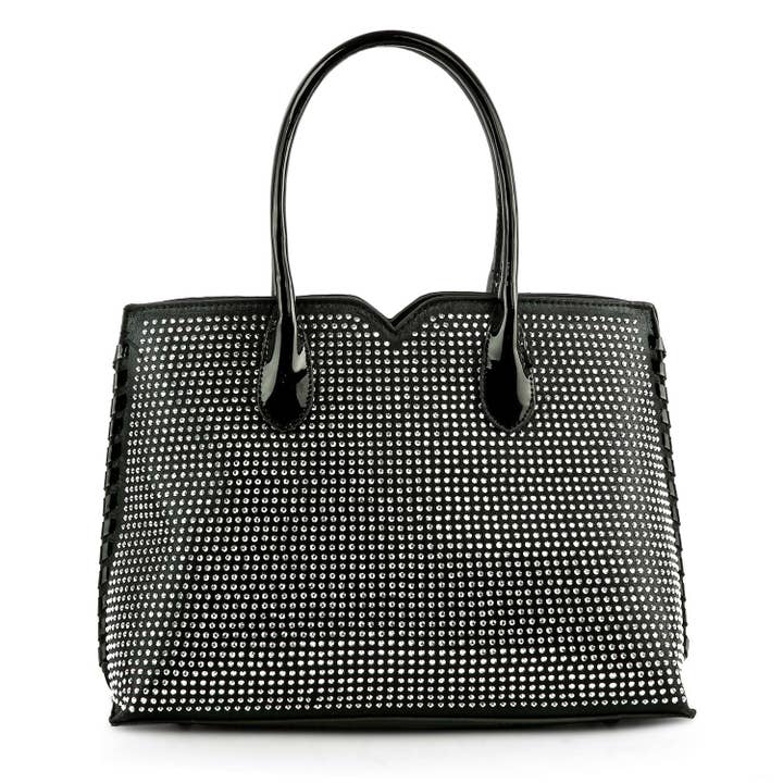 rhinestone-covered-hand-tote-black for wholesale by Handbag Express