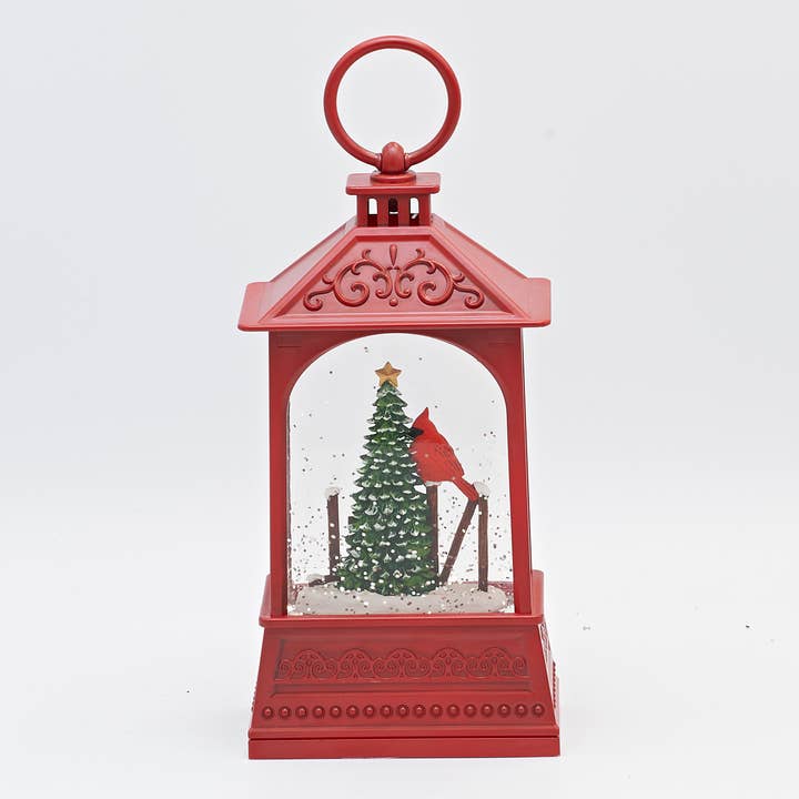 Roman - Wholesale Decorative Tabletop Object - Lighted Swirl Cardinal Noel Scene in Red Lantern2