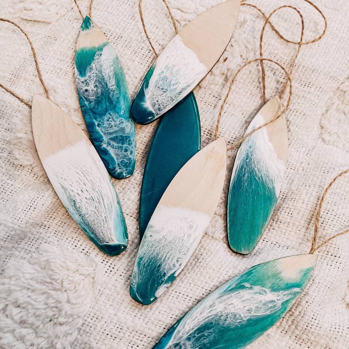 SeaLion Resin - Wholesale Ornament - Surfboard Ornament birch wood and ocean wave resin beach