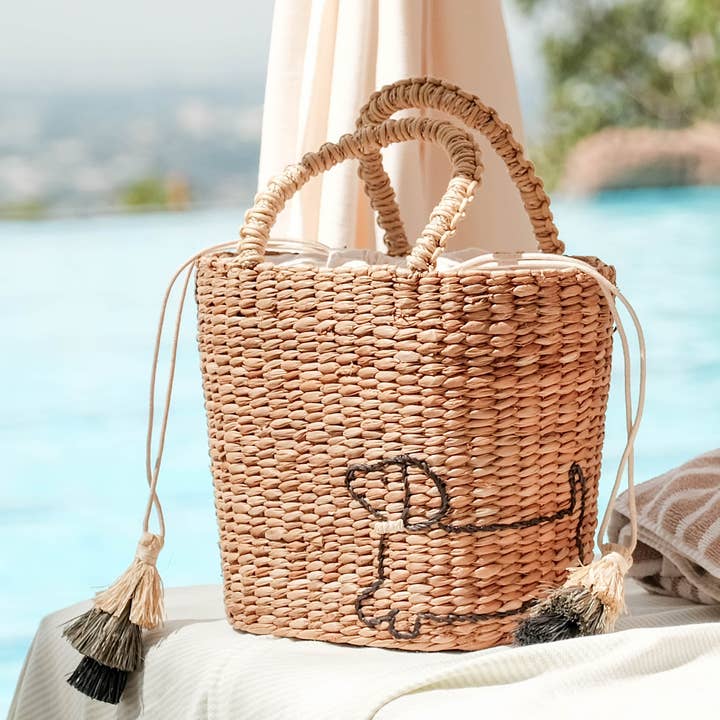 LIKHÂ - Wholesale Tote Bag - Women's - Mini Woven Tote Bag with Embroidered Dachshund - Straw Tote