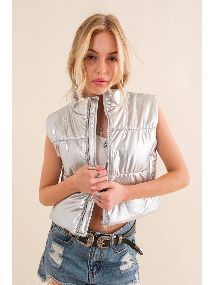 Blue B - Wholesale Outerwear Vest - Women's - 22656J - Gloss Shiny PU Quilted Puffer Zip Up Crop Vest14