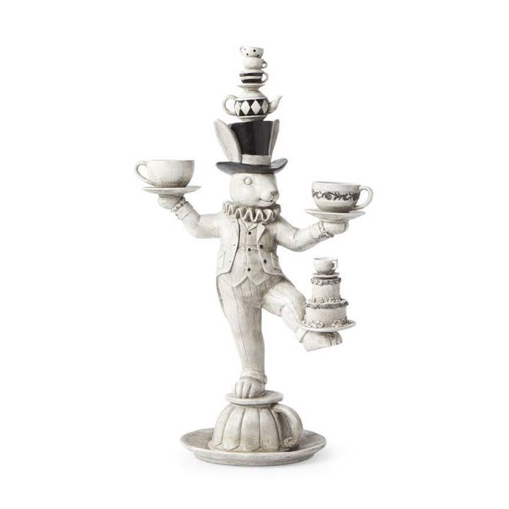 Lapin en résine gris et noir de 24" équilibrant des tasses à thé pour la vente par RC Home Decor