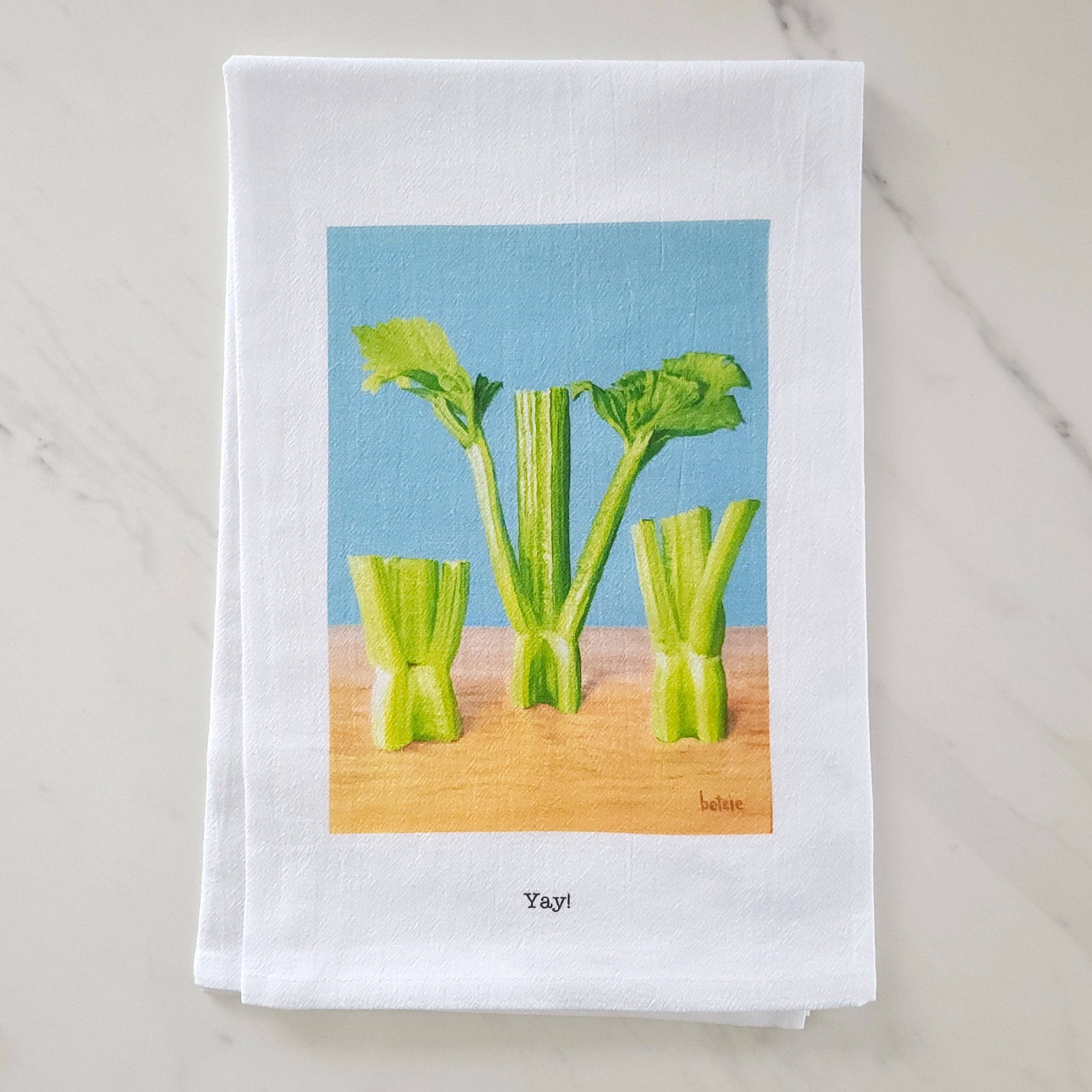 Betsie Studios - Wholesale Tea Towel - "Yay!" Celery SPRING Tea Towel1