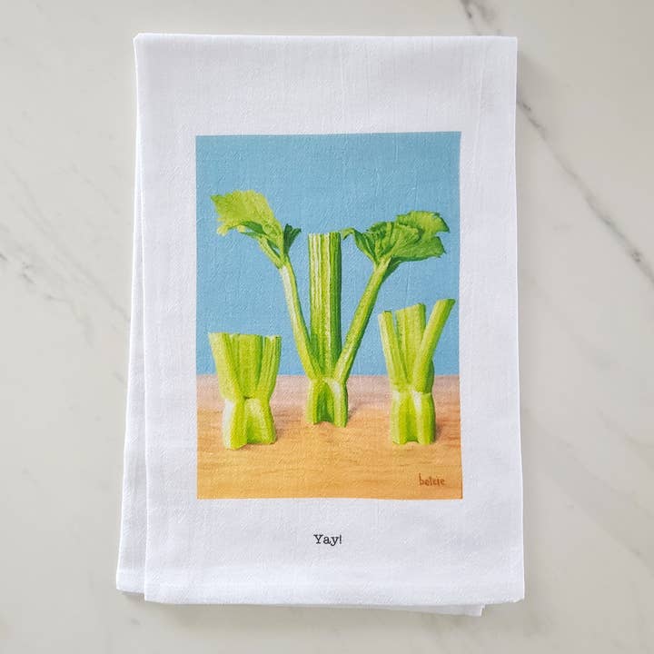 Betsie Studios - Wholesale Tea Towel - "Yay!" Celery SPRING Tea Towel1
