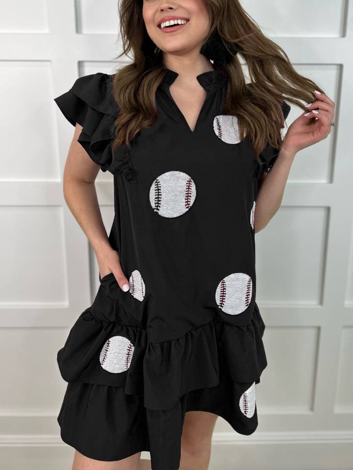 Baseball Sequins Embroidered Ruffles Dress for wholesale by Rosa Clothing