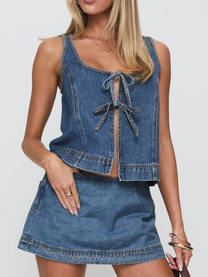 Sleeveless Lace Up Denim Vest Skirts Set and other Purchase Wholesale jean set. Free Returns & Net 60 Terms on Faire trending on Faire.