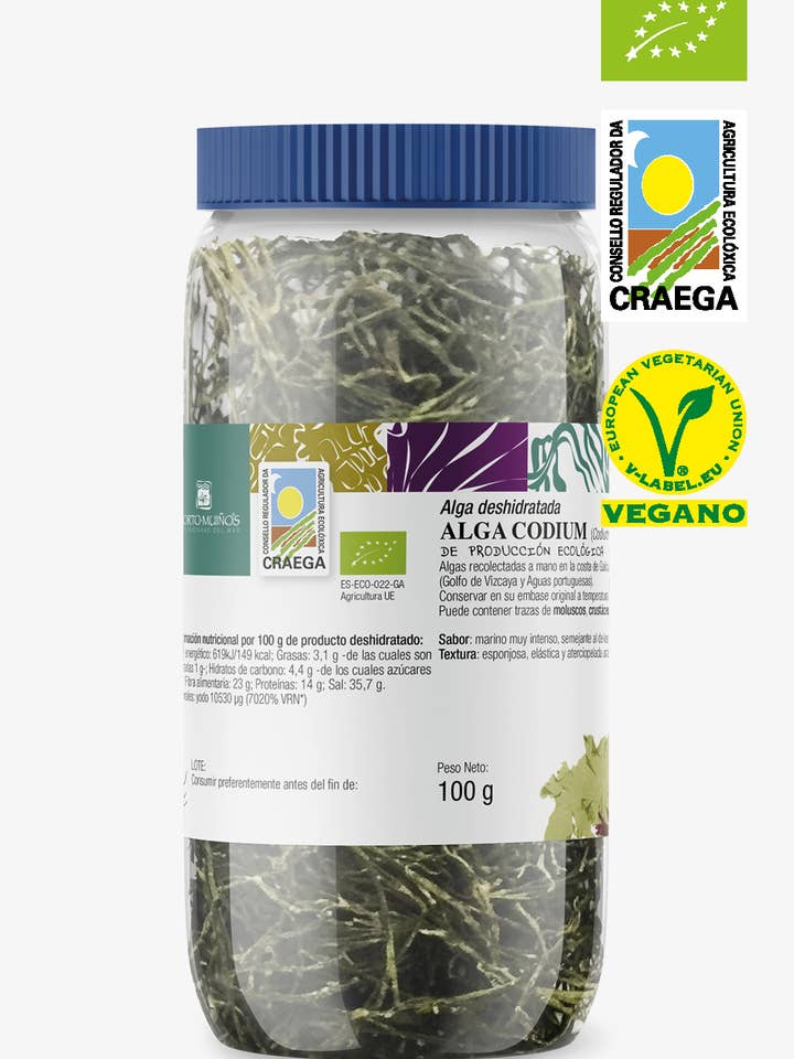 Algues codiumées entières déshydratées en PET ECO 100 pour la vente par Porto-Muiños SL