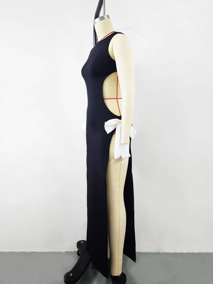 Sanyao Fashion - Wholesale Dress - Women's - SY065 Sultry Bow-Accent Slit Knit Dress - Spring/Summer7