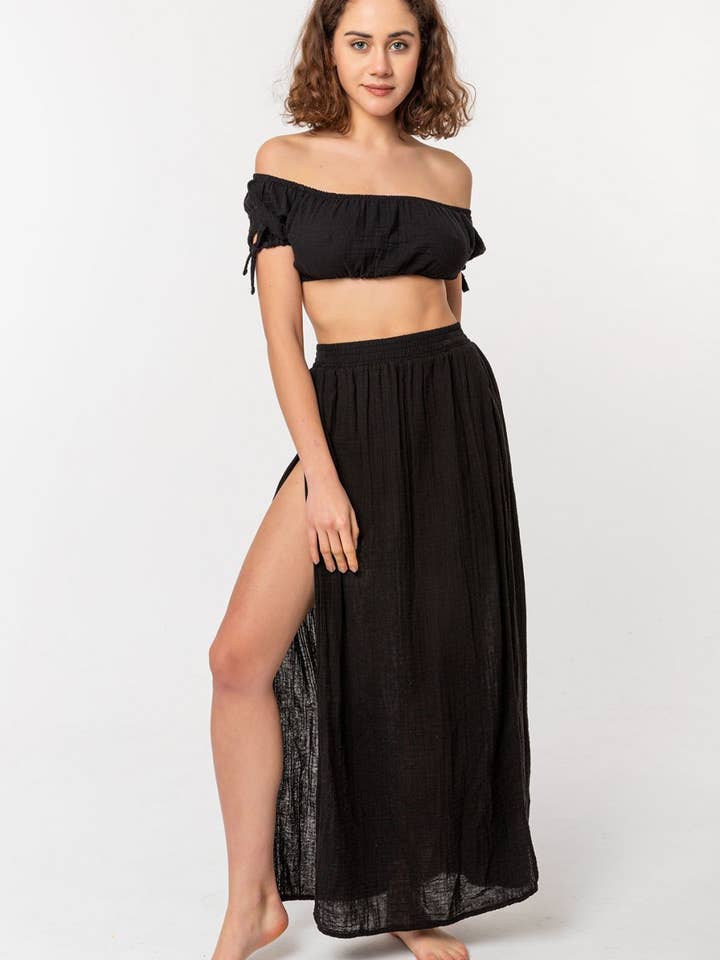 Heart Earth Craft - Wholesale Skirt - Women's - Black Cotton Double Slit Maxi Summer Skirt (Sustainable)