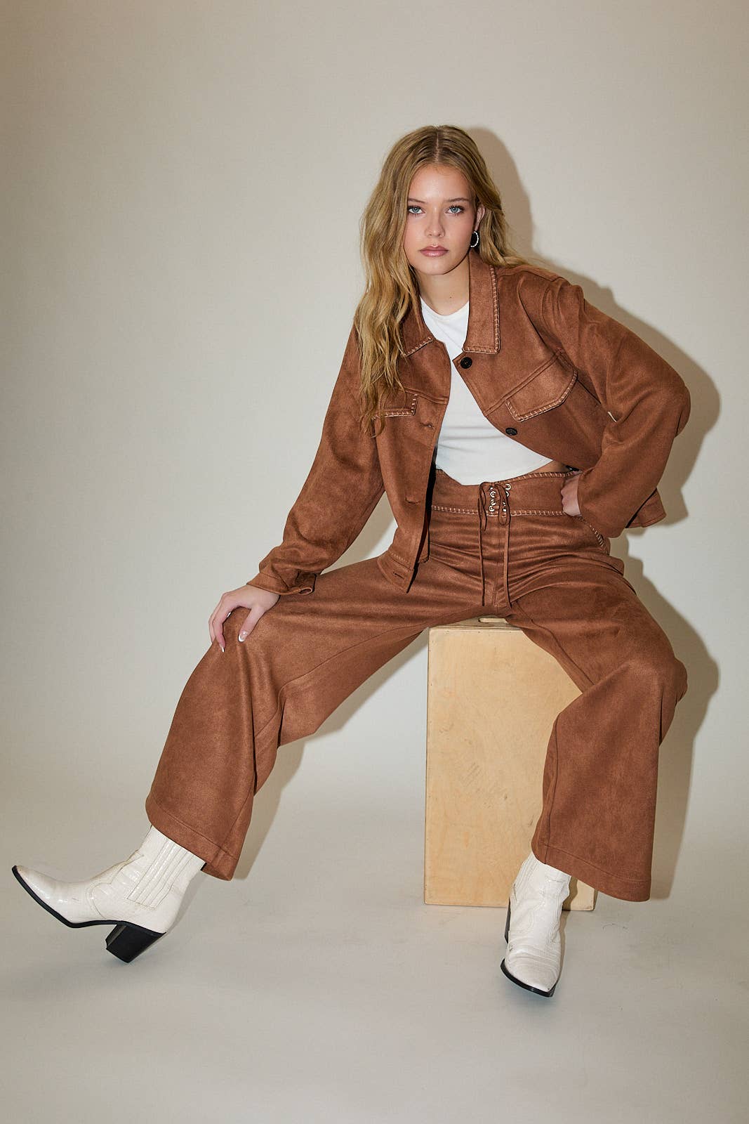 Brown BRAIDED DETAIL SUEDE JACKET for wholesale on Faire1