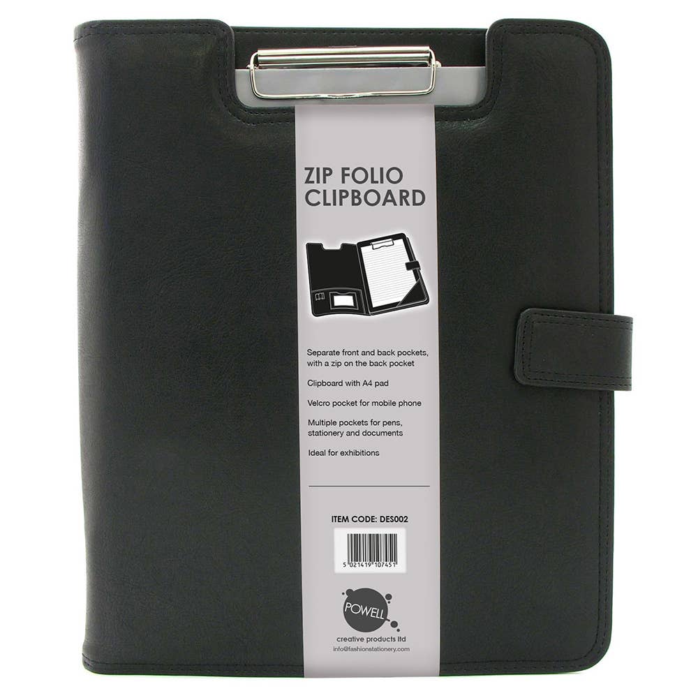 Powell Creative Products Ltd - Wholesale Clipboard - A4 Conference Folder Zipped with Notepad Clipboard Black PU1