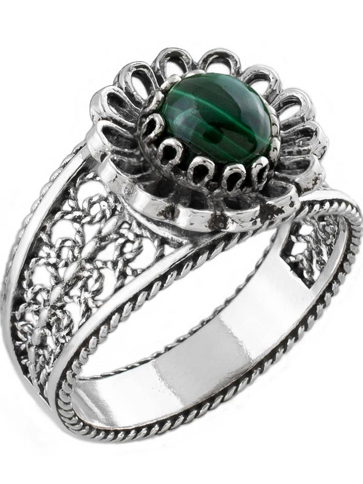 Filigree Art Daisy Figured Malachite Gemstone Women Sterling Silver Cocktail Ring for wholesale by Filigranist Jewelry
