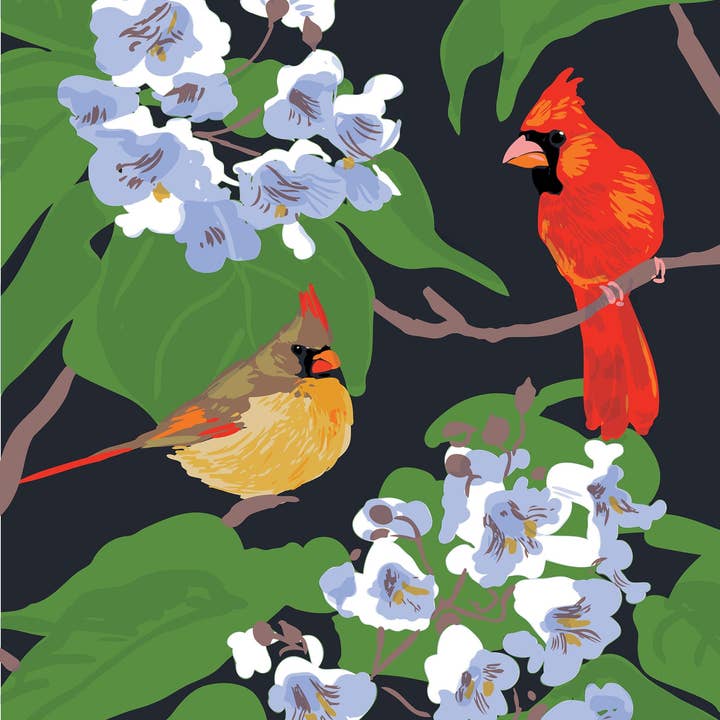 Stampa d'Arte Catalpa & Cardinal: Uccello & Fiori da Giardino per la vendita all'ingrosso da parte di Rigel Paper