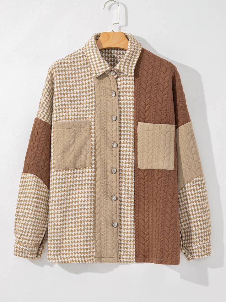 Khaki Houndstooth Color Contrast Textured Patchwork Shacket for wholesale on Faire3