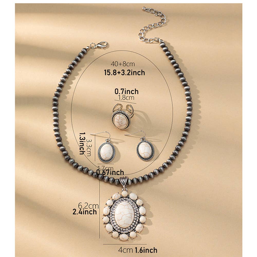 Wholesalesir - Vente Parures de bijoux - Ensemble de bijoux vintage avec pendentif rond en turquoise et fleur0