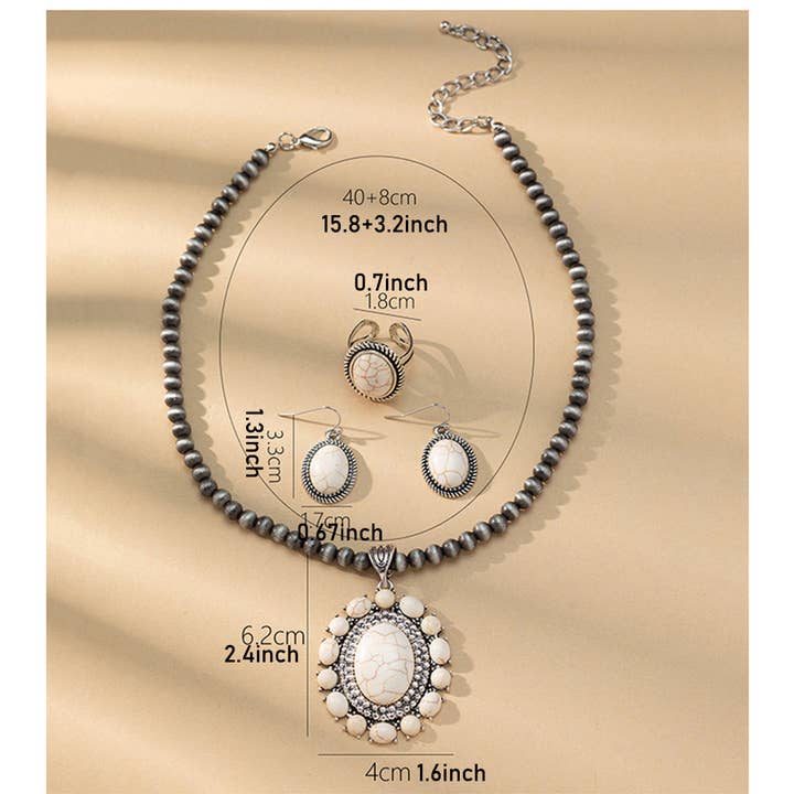 Wholesalesir - Vente Parures de bijoux - Ensemble de bijoux vintage avec pendentif rond en turquoise et fleur