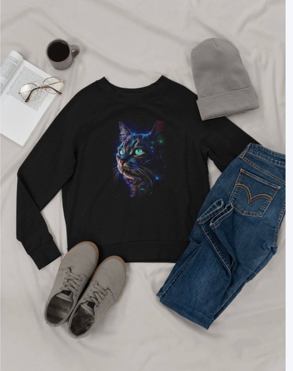 Upside Down Owl Farm - Wholesale Screen Printed T-Shirt - Women's - Striking Black Cat Galaxy Shirt, Cat Shirt or Sweatshirt 1