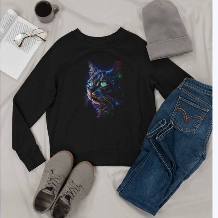 Upside Down Owl Farm - Wholesale Screen Printed T-Shirt - Women's - Striking Black Cat Galaxy Shirt, Cat Shirt or Sweatshirt 1