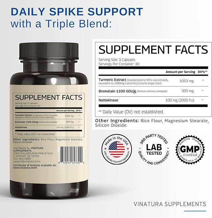 VINATURA SUPPLEMENTS - Wholesale Oral Supplement/Vitamin - Spike Support - Nattokinase, Bromelain, Curcumin1