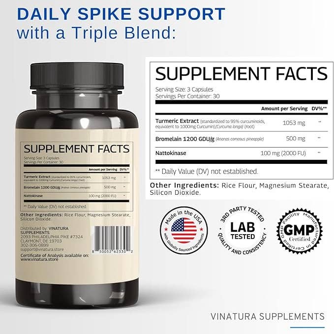 VINATURA SUPPLEMENTS - Wholesale Oral Supplement/Vitamin - Spike Support - Nattokinase, Bromelain, Curcumin1