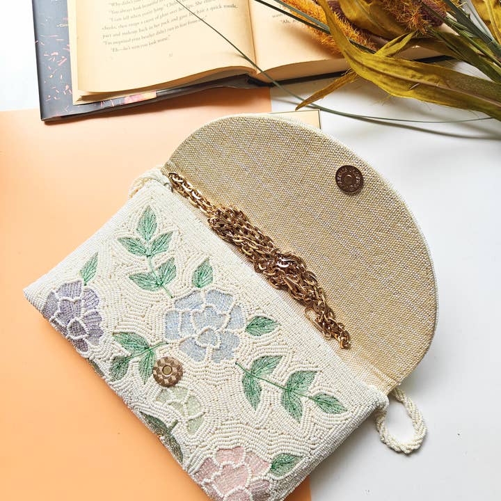 ShopHimalaya - Wholesale Clutch Bag - Women's - Pastel Floral Beaded Clutch Crossbody Ivory Bride Purse