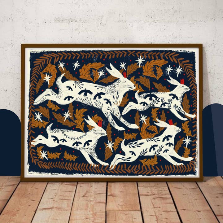 Hares dark blue background print for wholesale by Carole Hillman
