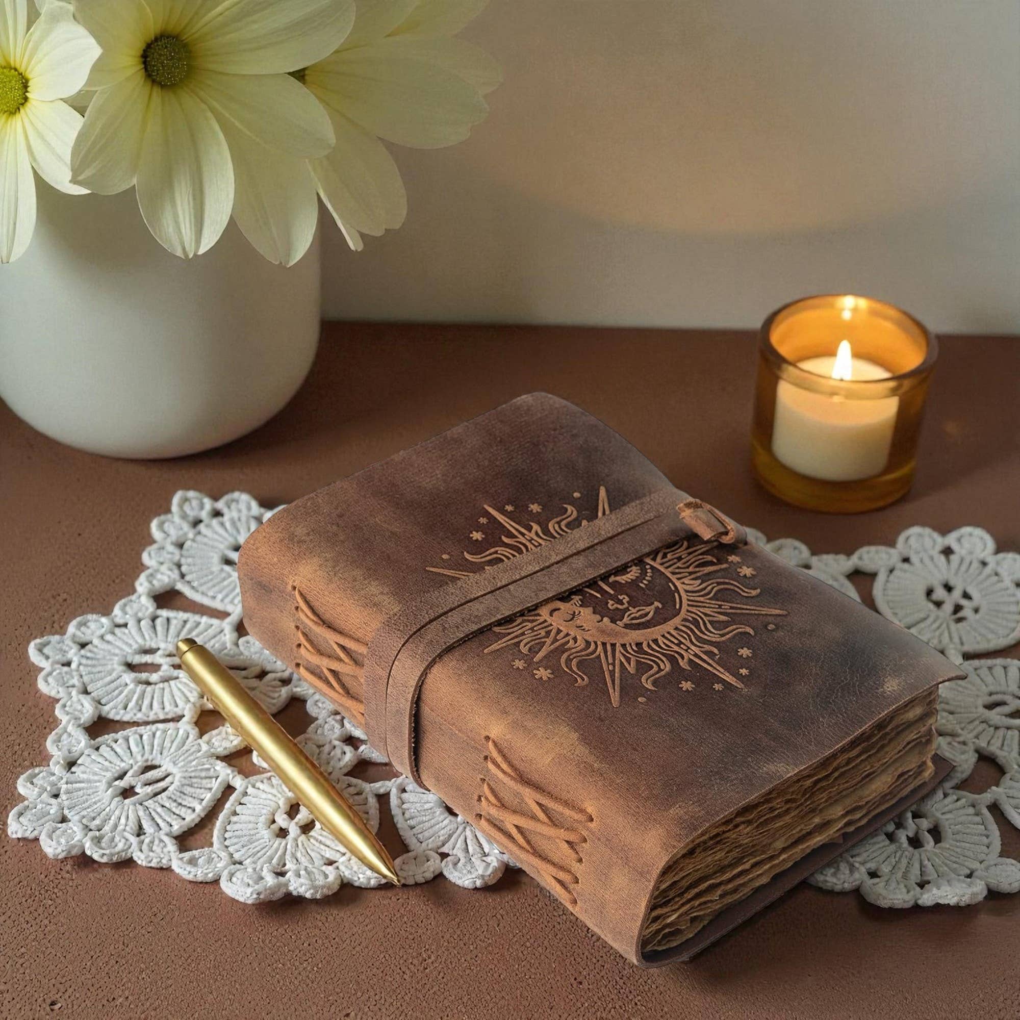 Leatherooze - Wholesale Journal/Diary - buff-brown leather journal with a sun motif 7x5 inches 1
