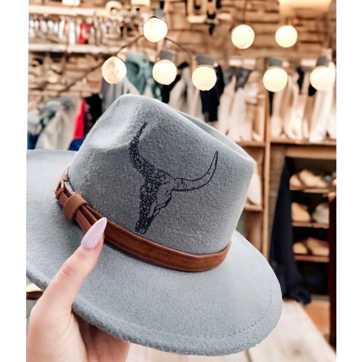 Wild Indigo - Wholesale Fedora - Women's - Floral Antler Cow Skull | Burnt Hat | Rancher Hat