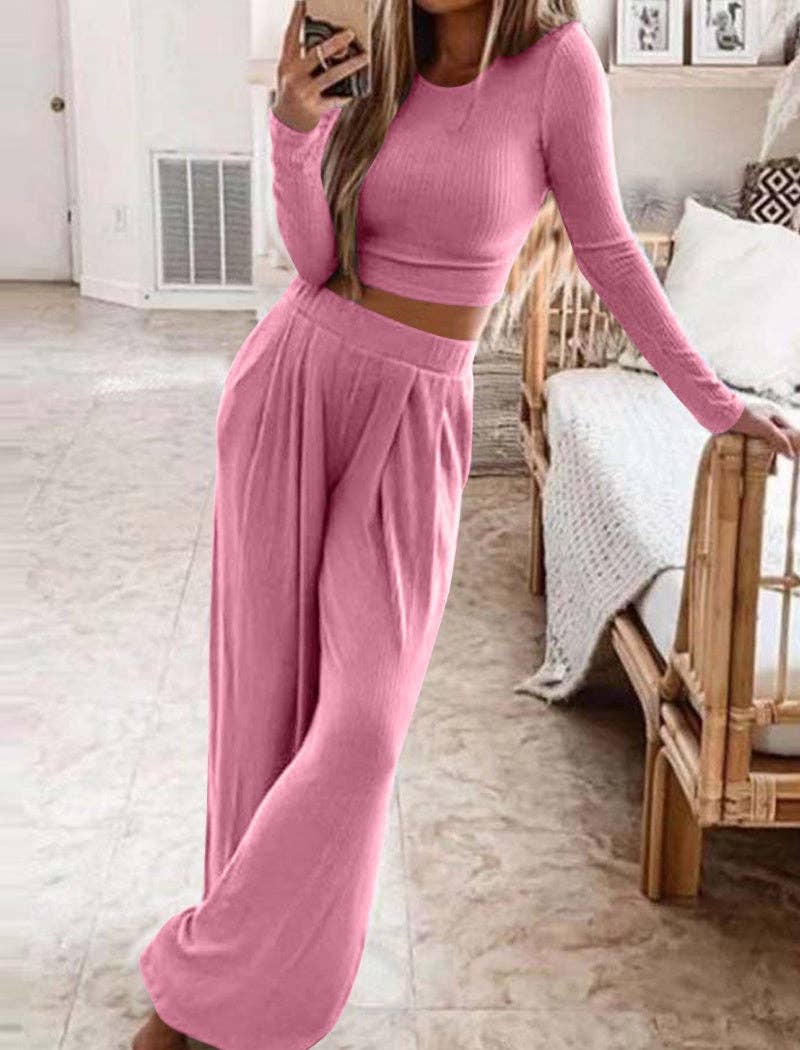 safistyle - Wholesale Lounge Set - Women's - Ribbed Two-Piece Crop Top and Wide Pants Set0