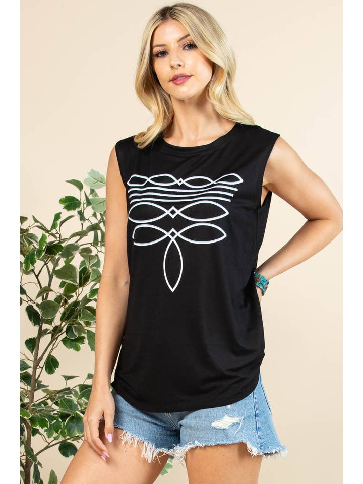 Schwarz/Weiss AV079-THELMA VINYL-TOP MIT STIEFELSTICH UND GRAFIK für den Großhandel auf Faire5