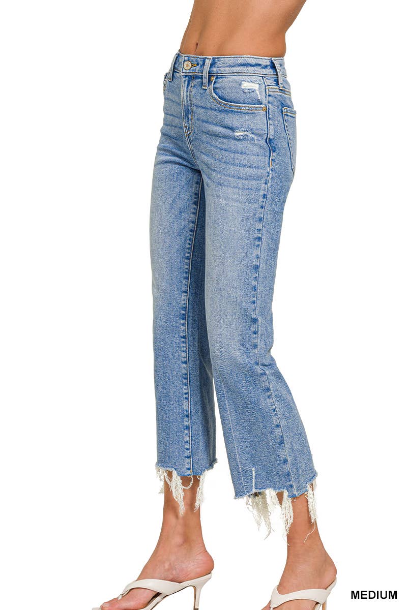 "._ Medium Washed Kick Crop Flare Denim Pants for wholesale on Faire