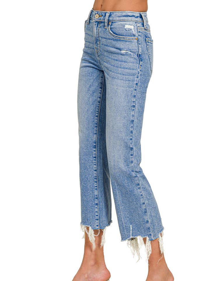"._ Medium Washed Kick Crop Flare Denim Pants for wholesale on Faire0