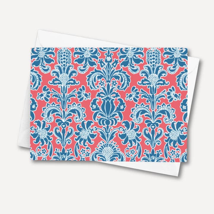 Blue & Coral Damask Folded Note Cards | Set of 10 for wholesale by Note Worthy Paper Place