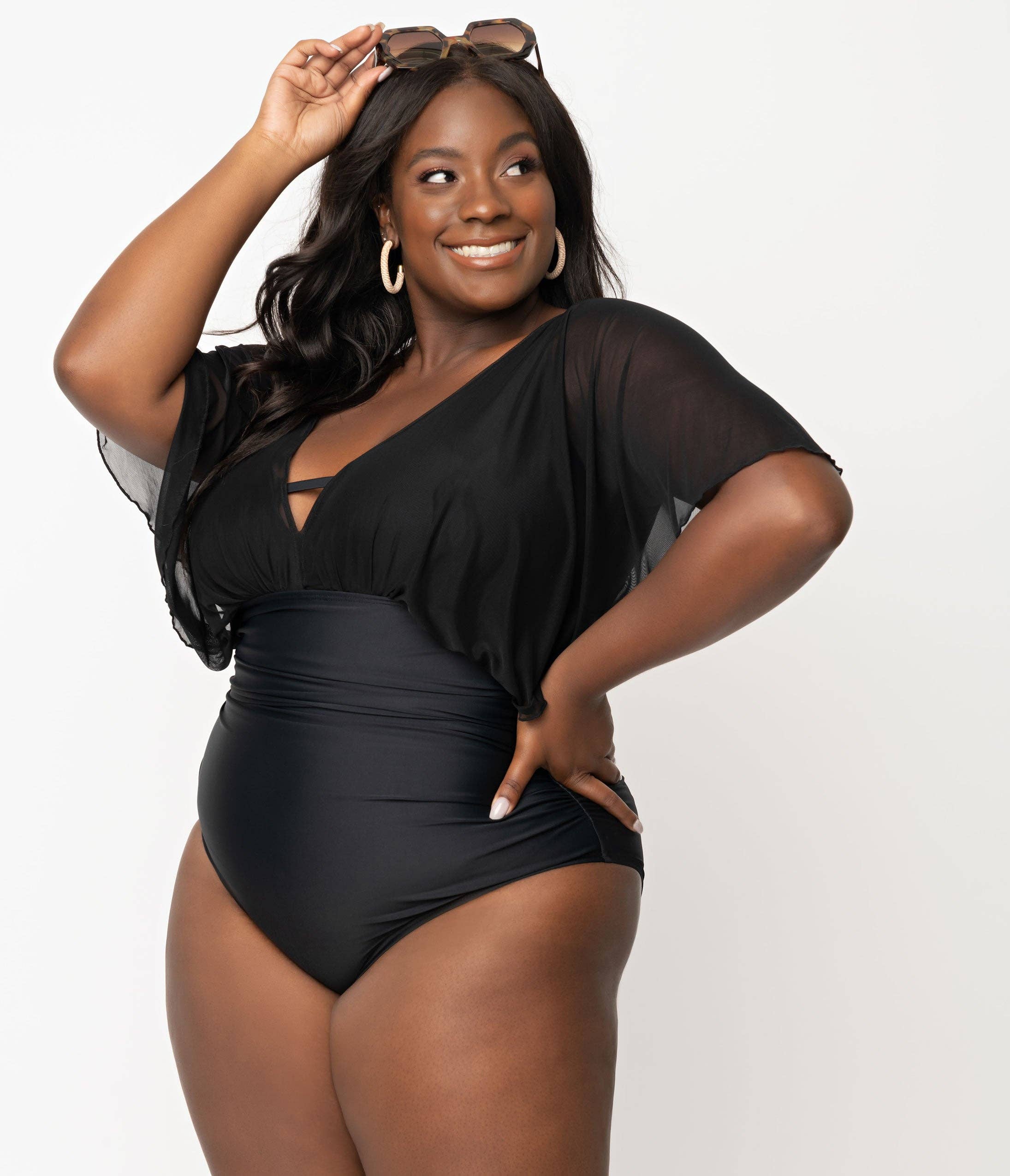 Unique Vintage - Wholesale One Piece Swimsuit - Women's - UV Plus Size Black Mesh Sleeved Torrey Swimsuit3