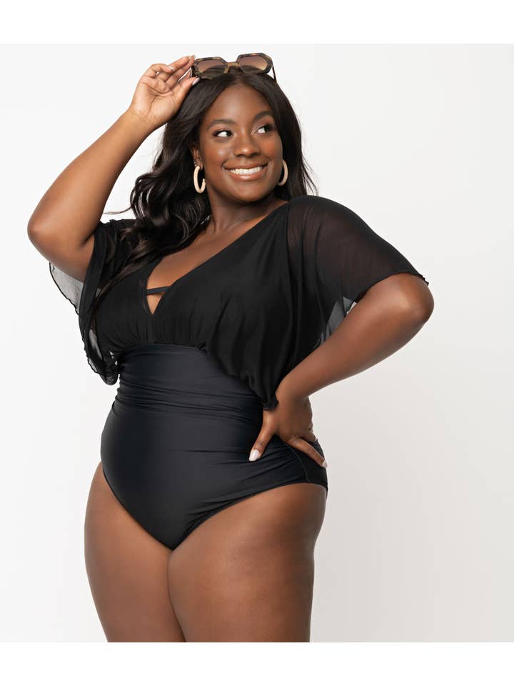 Unique Vintage - Wholesale One Piece Swimsuit - Women's - UV Plus Size Black Mesh Sleeved Torrey Swimsuit3