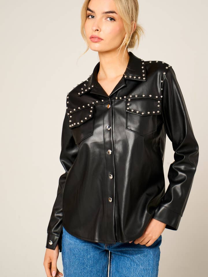 Black PU Long Sleeve Stud Detail Button Up with Pocket Shirt - Florita for wholesale by Femme Luxe
