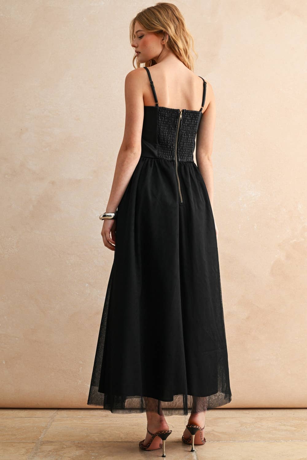 MIOU MUSE - Wholesale Dress - Women's - D5110   MESHED SKIRT WITH PU LONG DRESS2