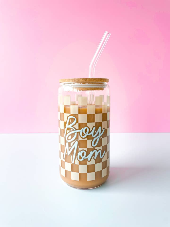 Checkered Boy Mom Beer Latte Glass With Lid & Straw for wholesale by Rock Paper Scissors