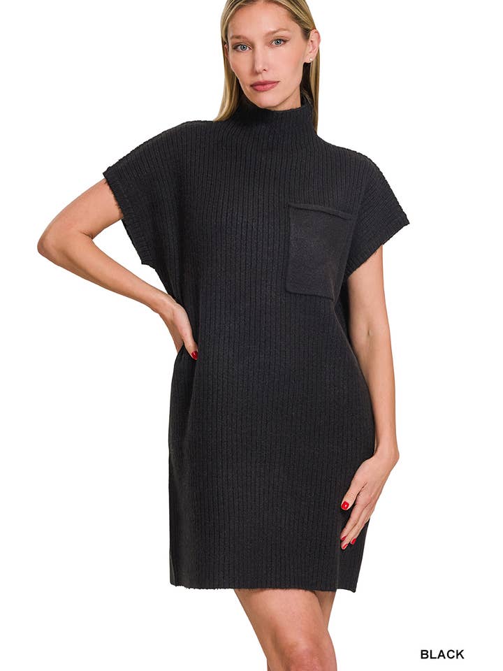 42POPS - Wholesale Dress - Women's - ..SI-26560 Mock Neck Short Sleeve Sweater Dress With Pocket1