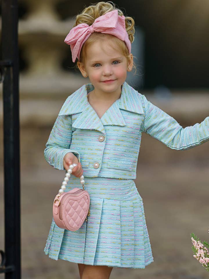 Ensemble blazer et jupe plissée assortis Little Sweetie en tweed pour la vente par Mia Belle Girls • Wholesale