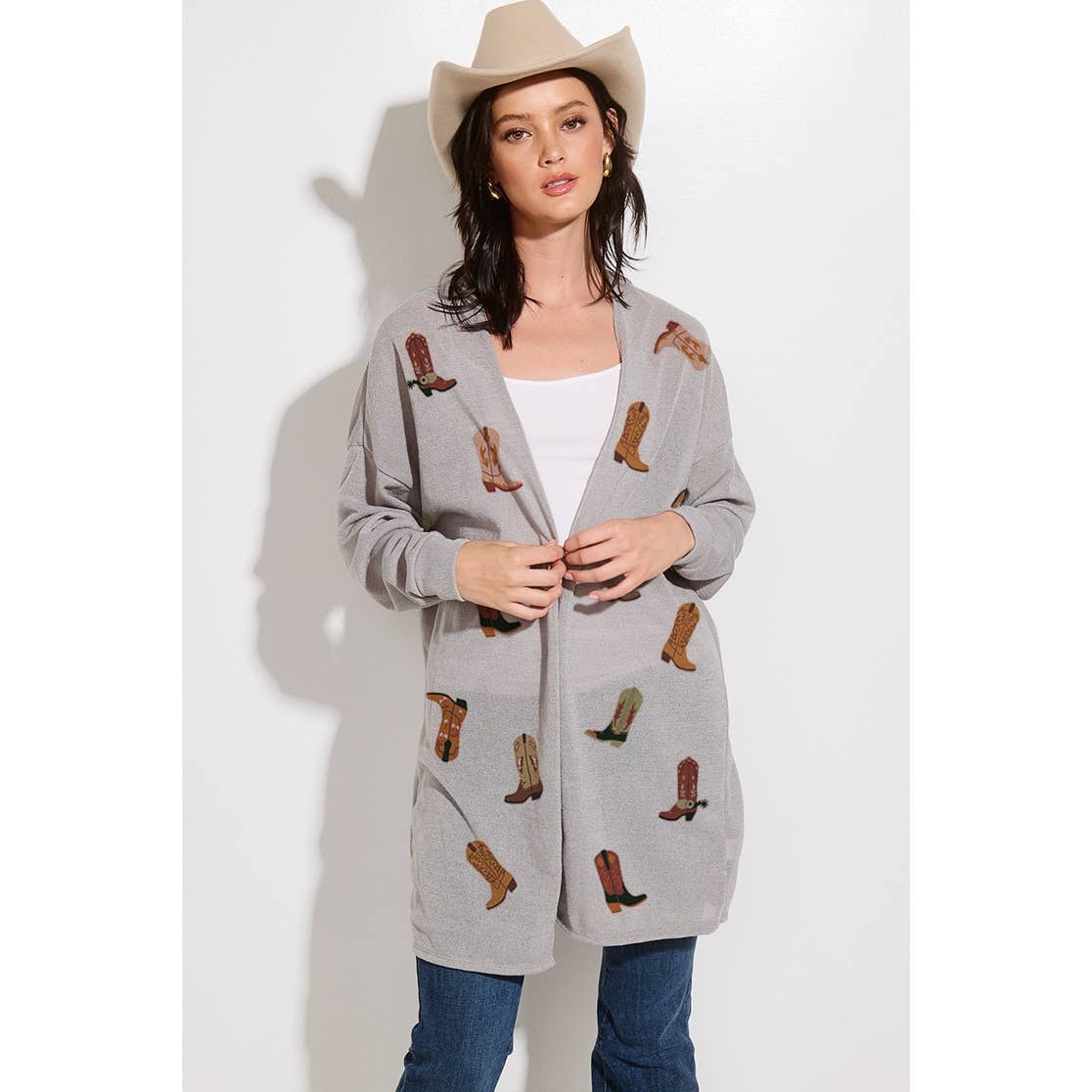 Phil Love - Vente Cardigan – femme - Cardigan de style décontracté en tricot à imprimé de bottes de cowgirl0