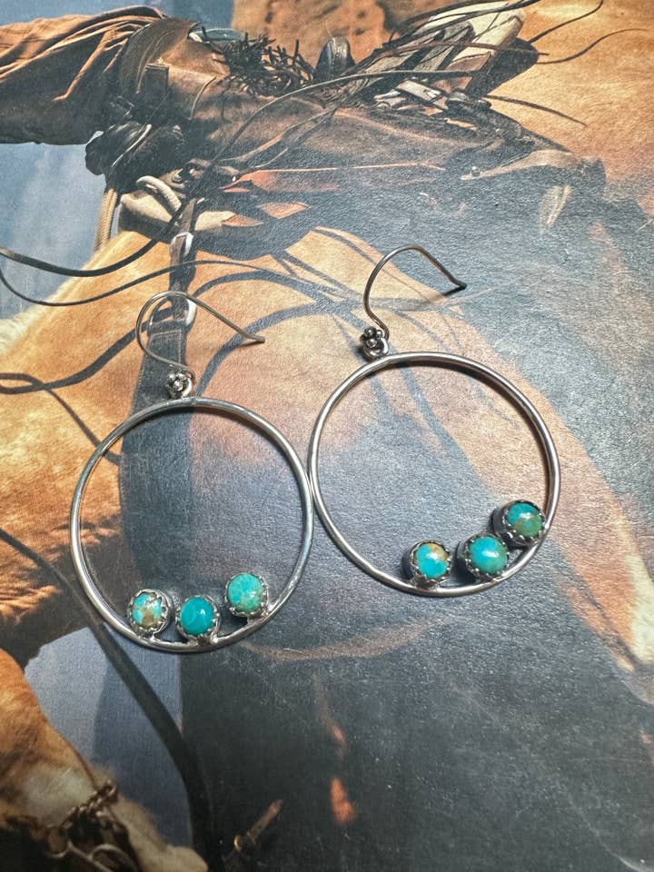 Handmade Turquoise & Sterling Silver 3 Stone Hoop Earrings Signed Nizhoni for wholesale by Nizhonitradersllc