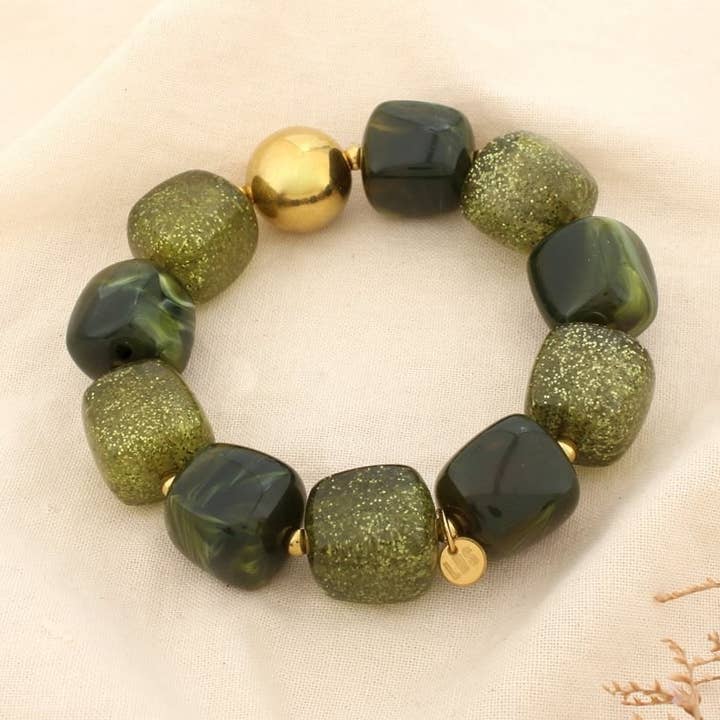 Pulseira elástica aço marmoreado resina com purpurina 0225581 por atacado de Lilas de Seine